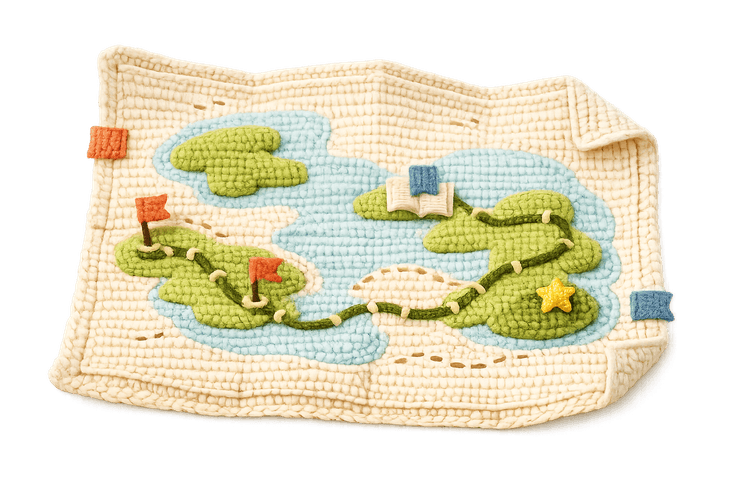 A crochet treasure map with a path leading to a star